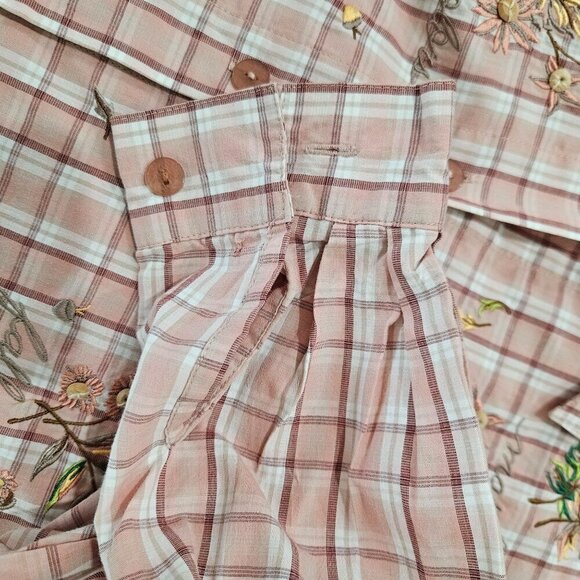 Vintage Size XL 80's Plaid Fall Shirt Embroidered Button-Up Floral & Leaf Design - Picture 6 of 8